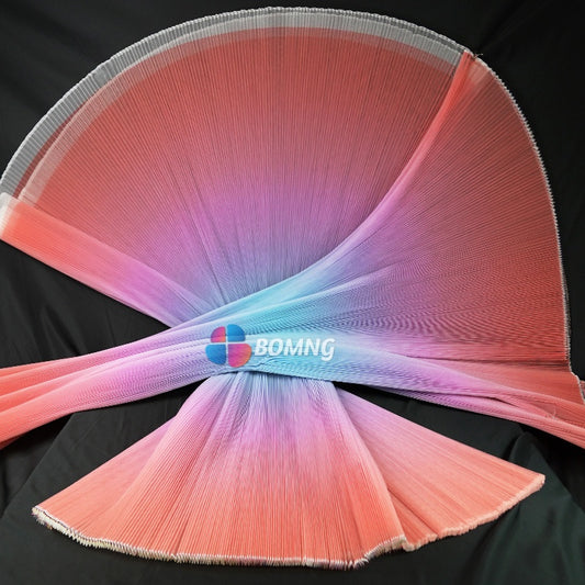 Bomng Gradient Orange Blue Pleated Organza Crinkle Fabric With Rigid And Wide Trim Stage Handmade Dress Designer Fabrics